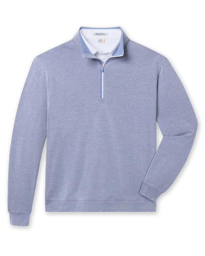 Front flat lay view of Glendale Quarter Zip in Tidal Blue featuring soft heathered blue oxford pique fabric and a contrast quarter-zip placket