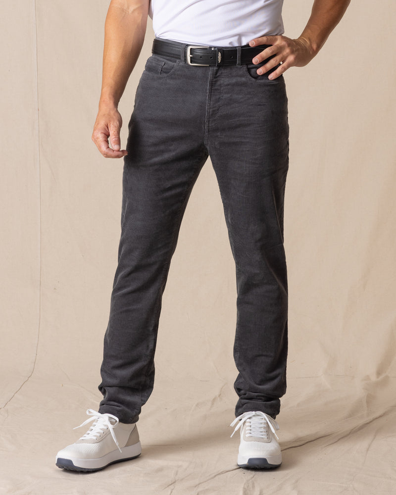 Men's Smithson Corduroy Pant in Walrus, front on-model view featuring a charcoal gray corduroy fabric