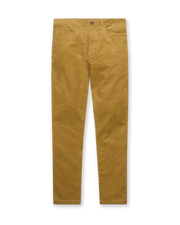 Men's Smithson Corduroy Pant in Bronze, flat lay front view featuring a solid golden tan corduroy pant with a five-pocket construction and button waistband closure