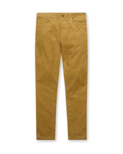 Men's Smithson Corduroy Pant in Bronze, flat lay front view featuring a solid golden tan corduroy pant with a five-pocket construction and button waistband closure