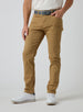 Men's Henderson 5 Pocket Pant in Bronze, front model view featuring a five-pocket silhouette styled with a navy belt and white golf shoes