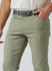 Men's Henderson 5 Pocket Pant in Moss, close-up waist detail featuring five-pocket construction and a navy leather belt with a Straight Down logo buckle