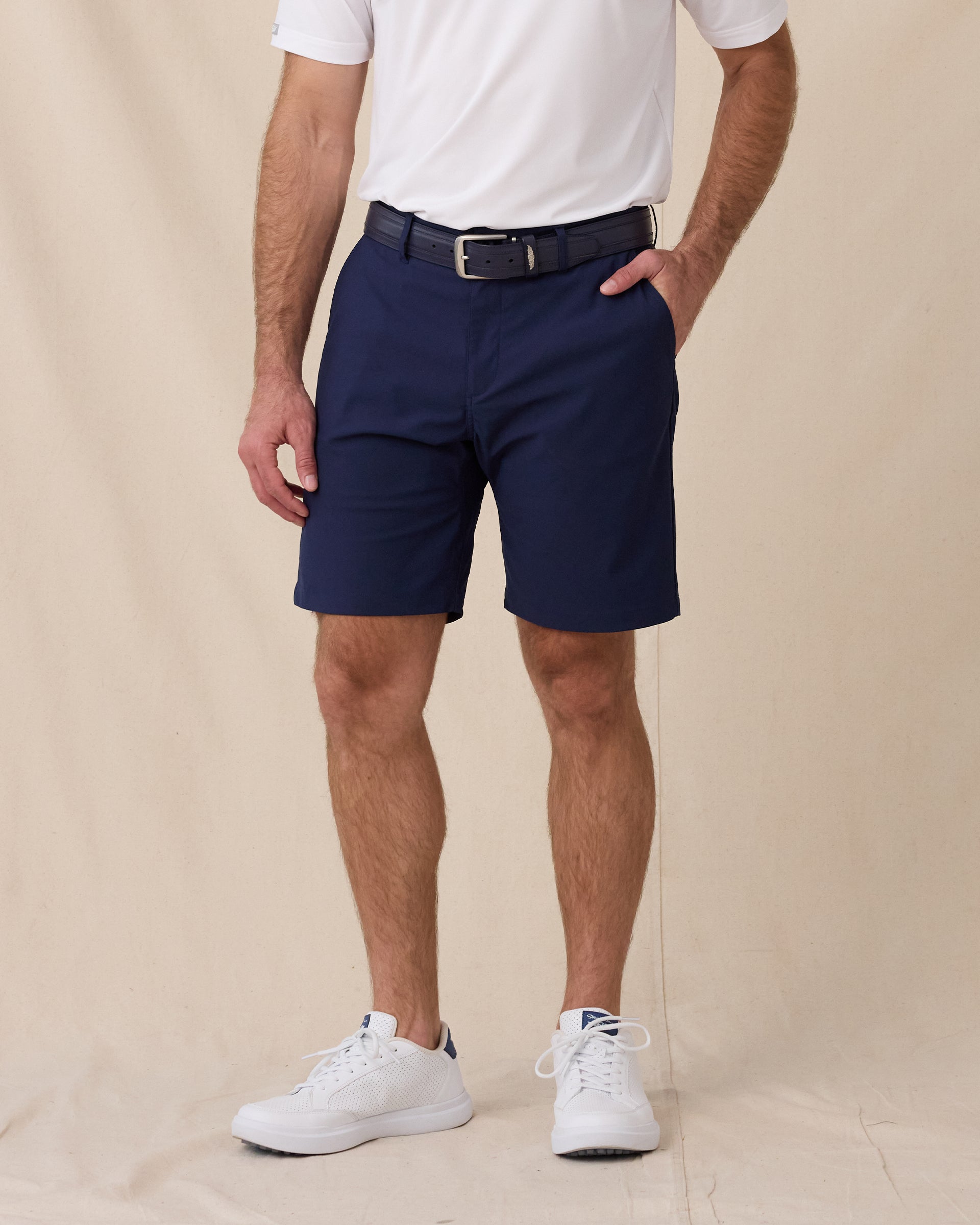 Flex Short in Navy, front model view with performance fit styling