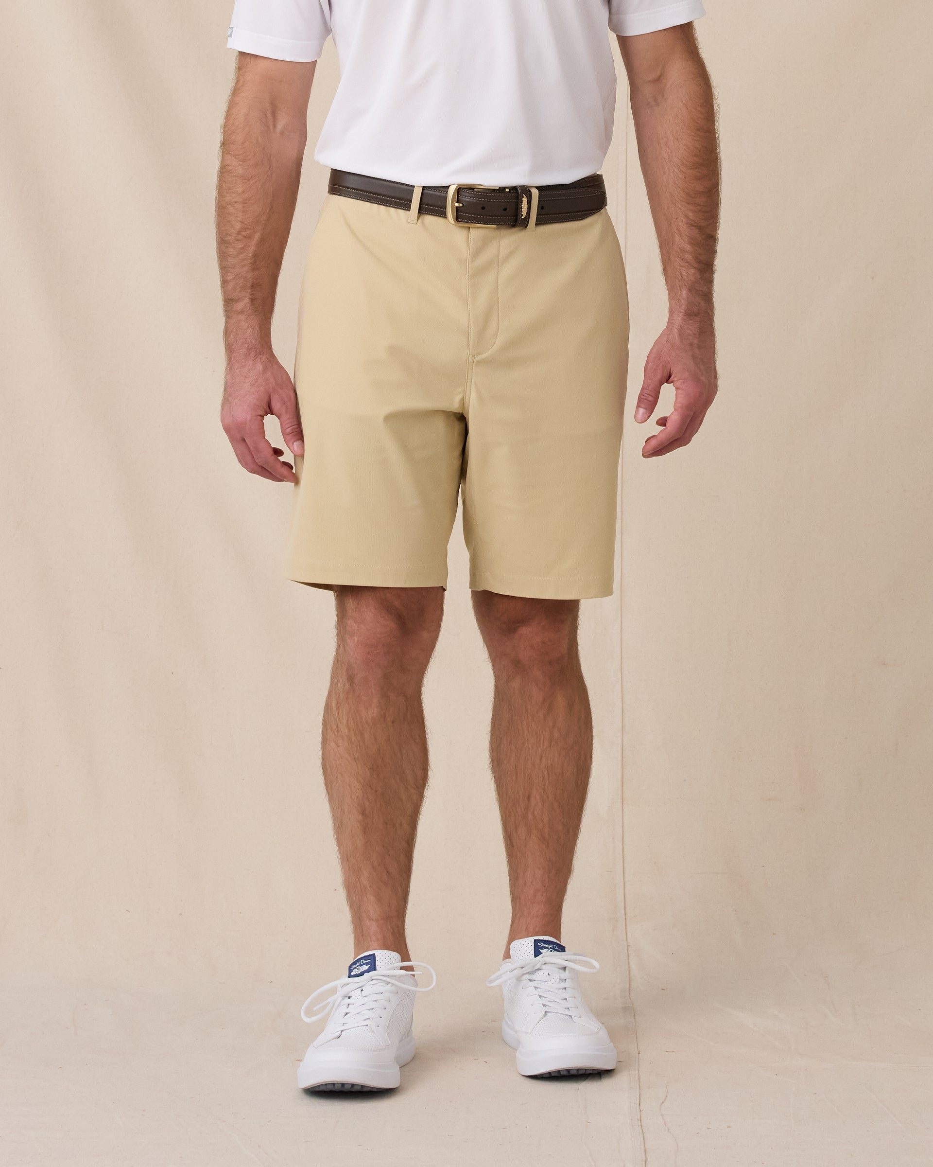 Flex Short in Sand Storm, front model view with performance fit styling