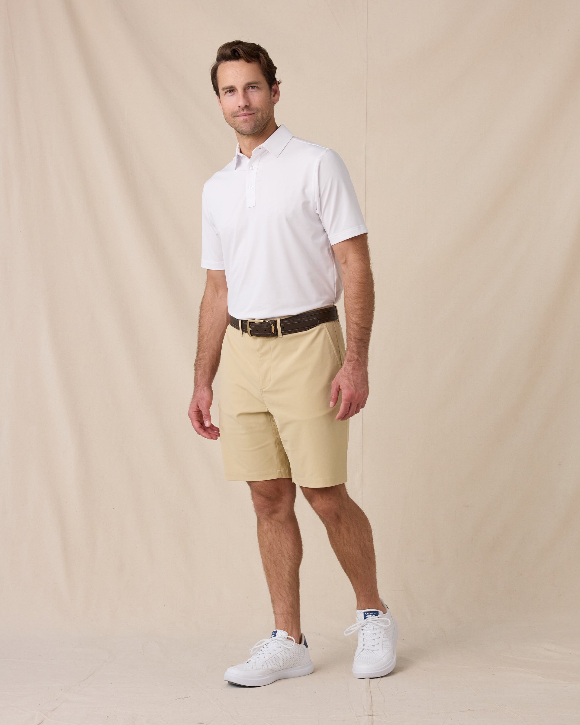 Flex Short in Sand Storm, styled full outfit view with white polo