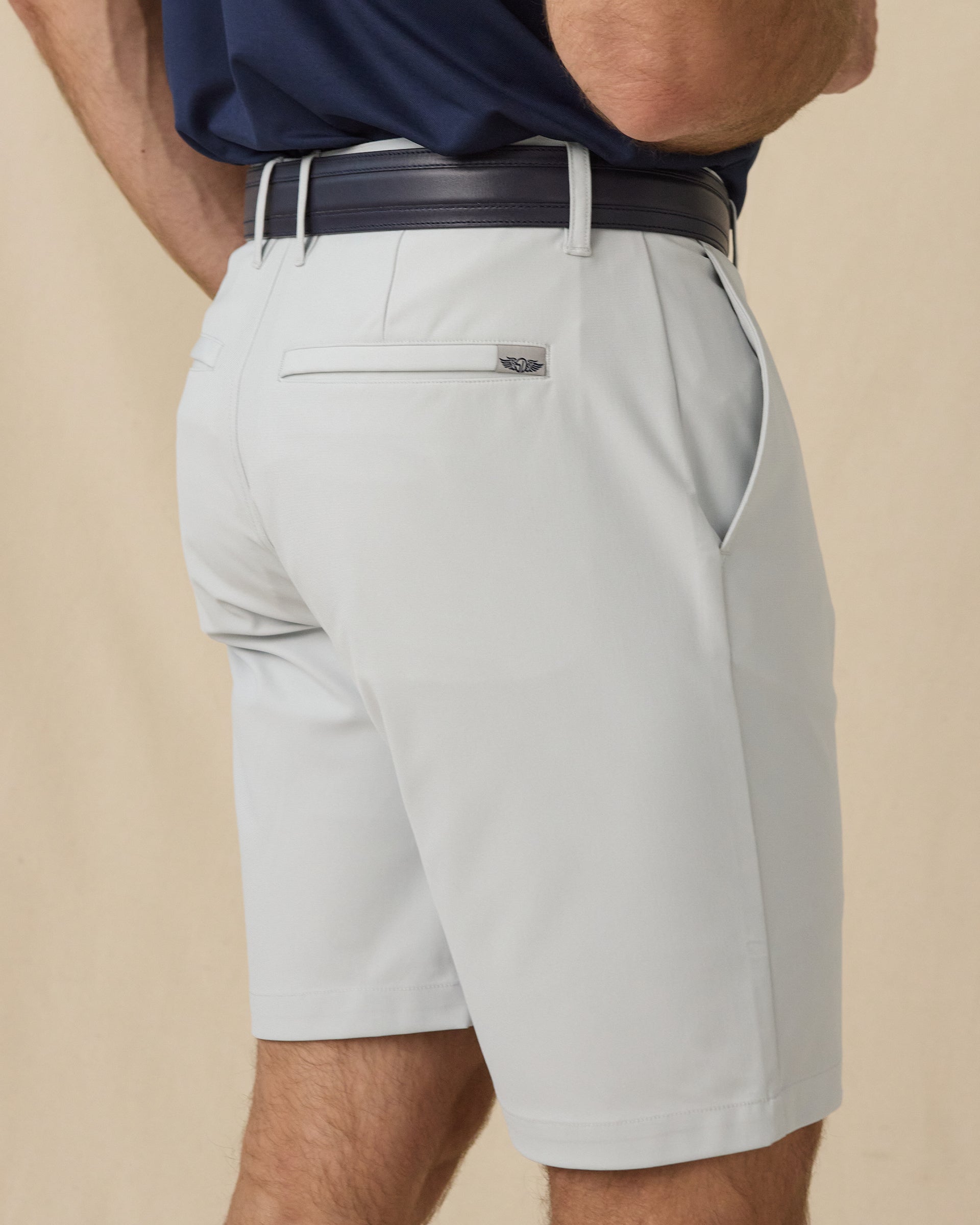 Flex Short in Silver, back pocket logo detail view