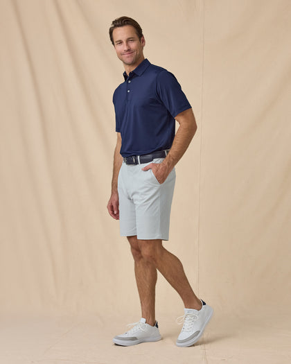Flex Short in Silver, styled full outfit view with dark polo