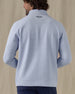 Men's Hollister Snap Placket Pullover in Powder, on model back view featuring a light blue waffle-knit pullover with Straight Down logo at the upper back and ribbed hem