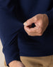 Men's Nathan 2.0 Crew in New Indigo, close-up detail of ribbed hem and soft fabric texture on sleeves