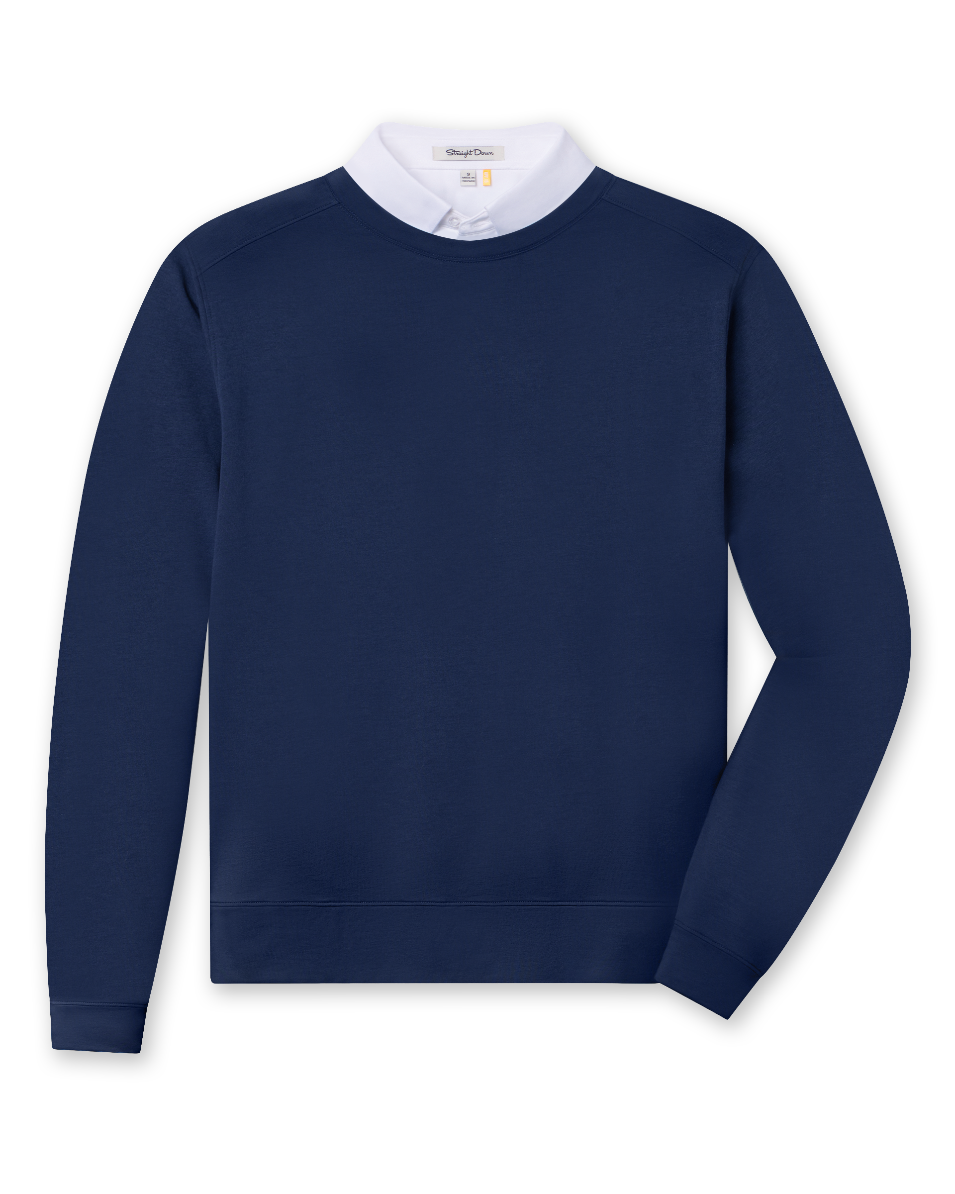 Men's Nathan 2.0 Crew in New Indigo, flat lay front view featuring a solid navy long sleeve crewneck sweatshirt with ribbed cuffs and hem