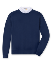 Men's Nathan 2.0 Crew in New Indigo, flat lay front view featuring a solid navy long sleeve crewneck sweatshirt with ribbed cuffs and hem