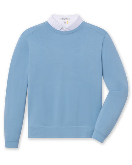Men's Nathan 2.0 Crew in Petrol, flat lay front view featuring a solid blue long sleeve crewneck sweatshirt with ribbed cuffs and hem