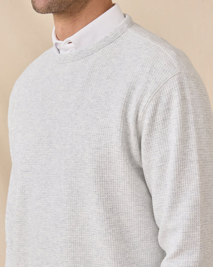 Close-up of the Hopkins Crew in Heather highlighting the textured waffle knit and crew neckline.