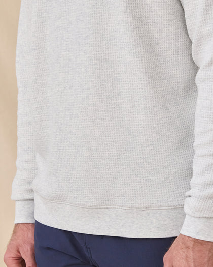 Close-up of the Hopkins Crew in Heather showing the waffle-knit texture and banded hem.