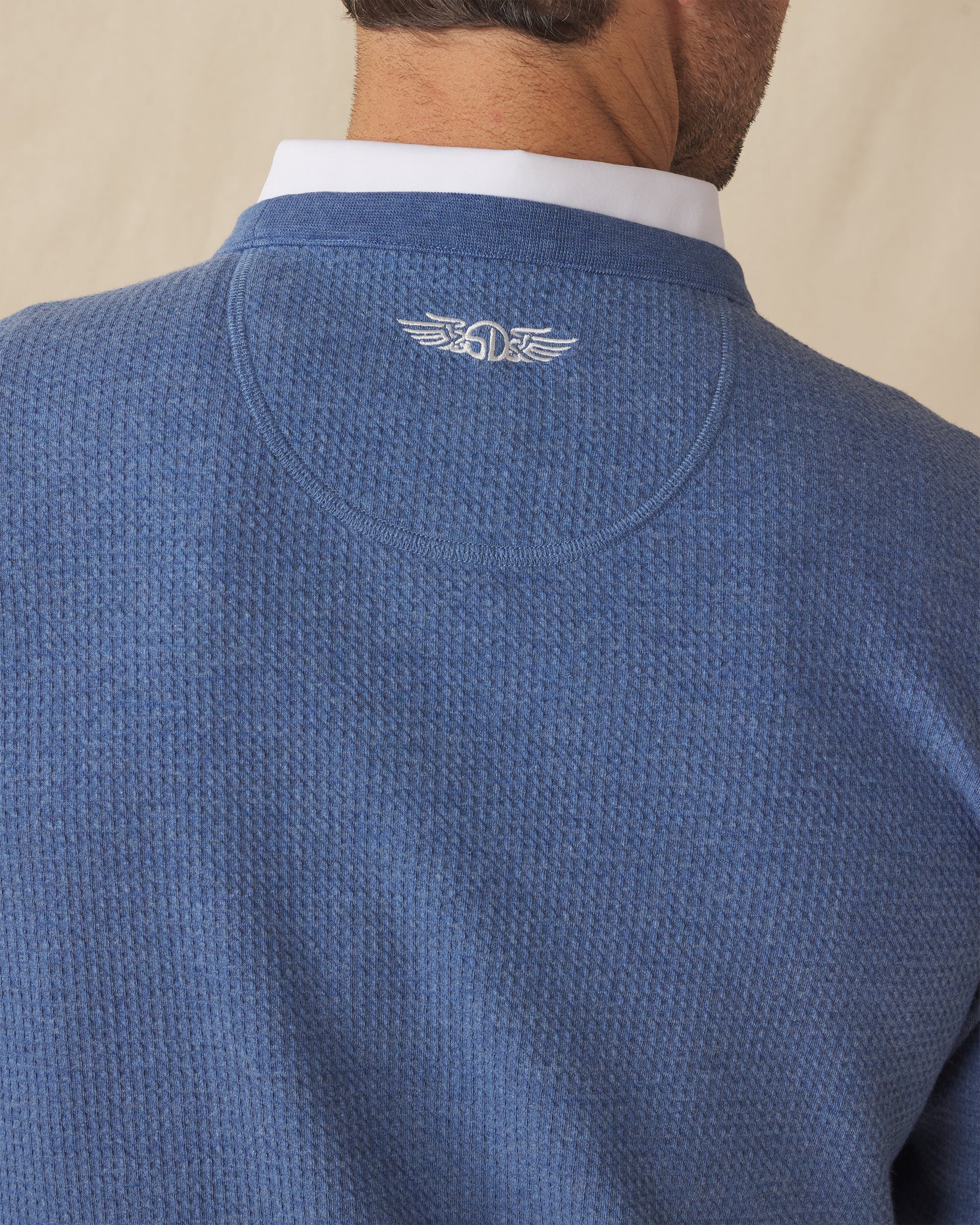 Men's Hopkins Crew in Moonlight, close-up back neck view on model highlighting the Straight Down logo embroidered at center back neck and waffle-knit texture detail