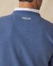 Men's Hopkins Crew in Moonlight, close-up back neck view on model highlighting the Straight Down logo embroidered at center back neck and waffle-knit texture detail