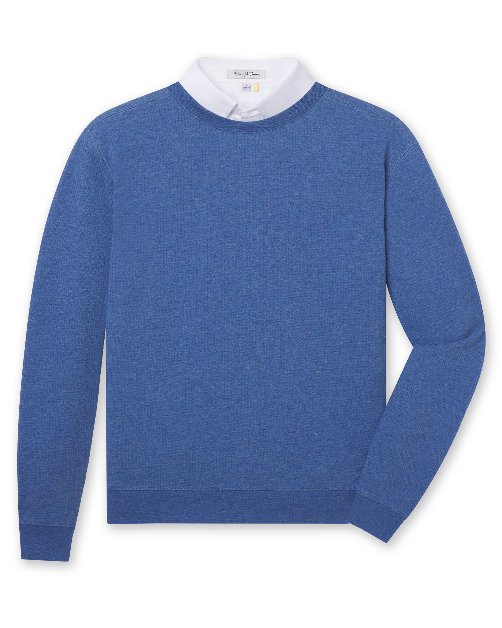 Moonlight blue long sleeve textured crewneck pullover with ribbed collar, cuffs, and hem.