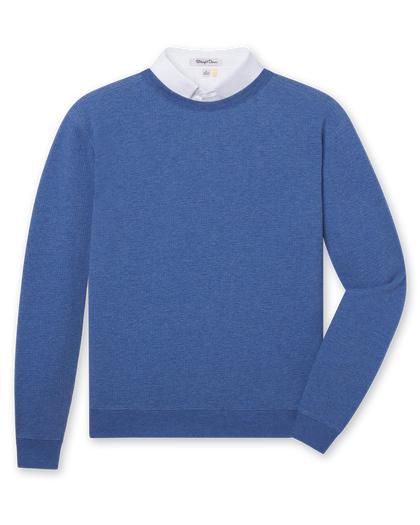 Moonlight blue long sleeve textured crewneck pullover with ribbed collar, cuffs, and hem.