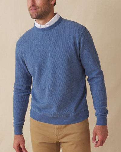 Men's Hopkins Crew in Moonlight, front view on model featuring a waffle-knit texture with ribbed crewneck, layered over a white polo, paired with khaki pants