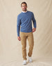 Men's Hopkins Crew in Moonlight, full length front view on model featuring a waffle-knit texture with ribbed crewneck, layered over a white polo, paired with khaki pants and white shoes