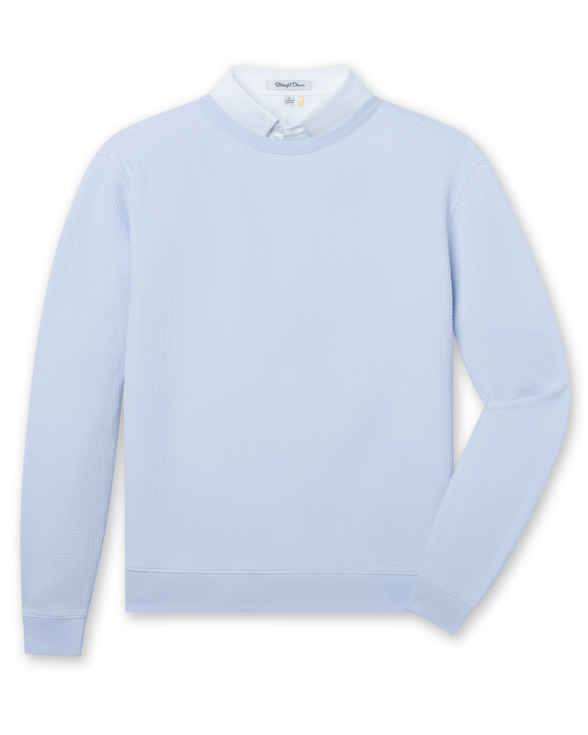 Light blue long sleeve textured crewneck pullover with ribbed collar, cuffs, and hem.
