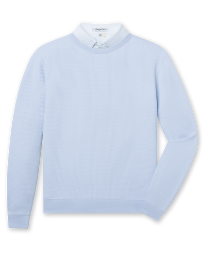 Light blue long sleeve textured crewneck pullover with ribbed collar, cuffs, and hem.