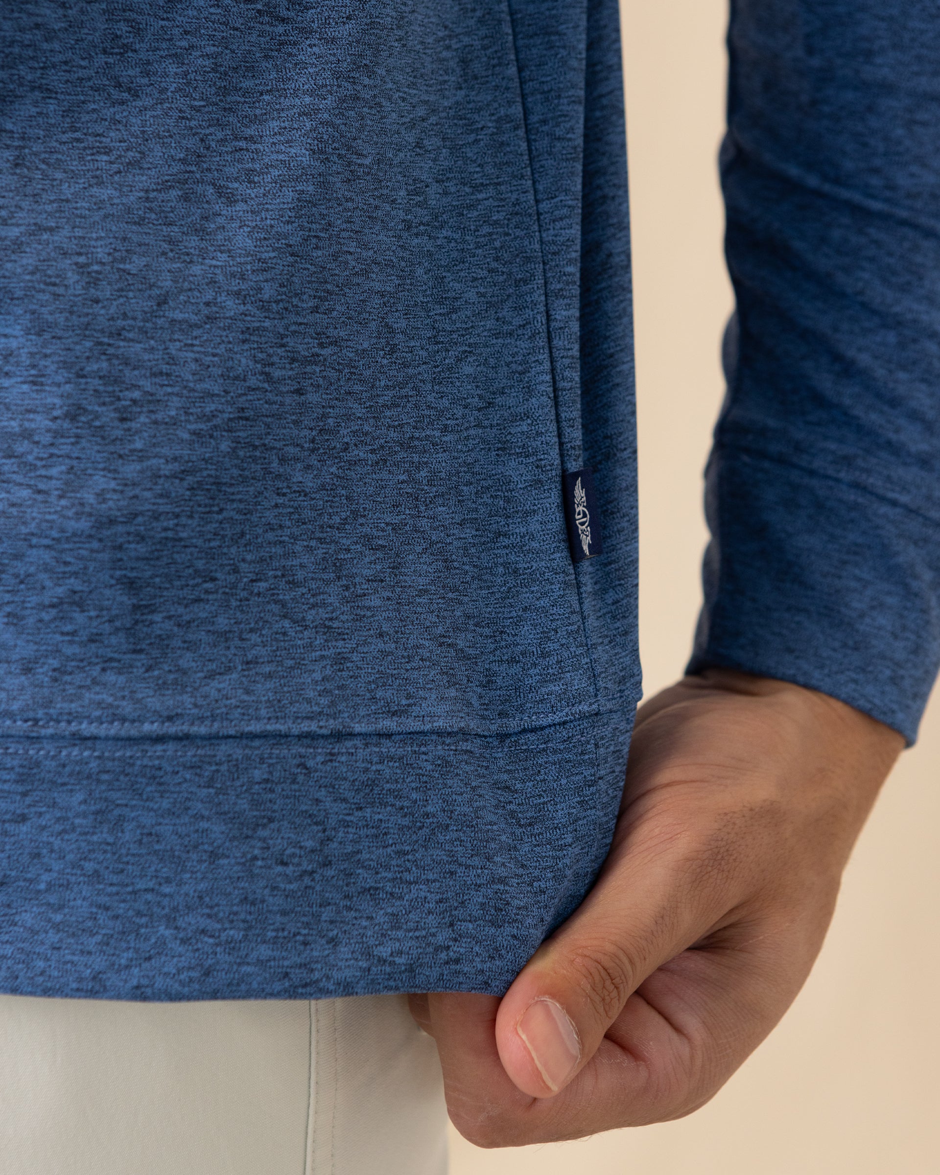 Redondo Hoodie in Bering blue, hem, fabric and logo tag detail