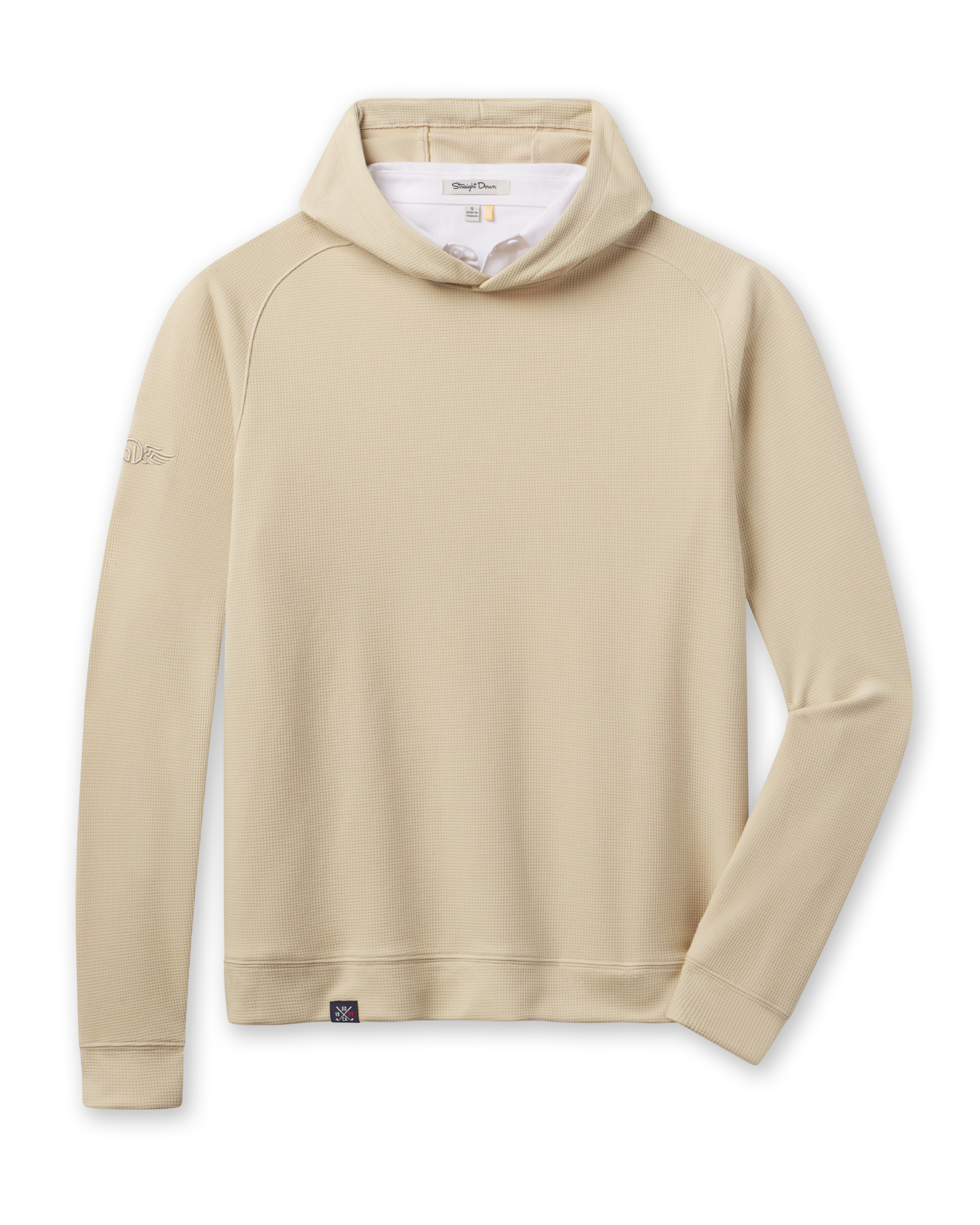 Gridlock Hoodie in Sandstorm featuring a textured waffle knit, pullover hood, long sleeves, and banded hem.