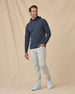 Men’s Gridlock Hoodie in New Indigo, styled full outfit view with dark polo and light pants