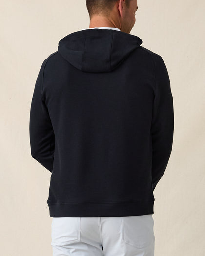 Men’s Gridlock Hoodie in black, on-model back view with hood down