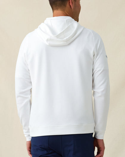 Men’s Gridlock Hoodie in white, on-model back view with hood down