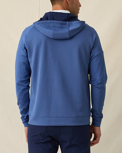 Men’s Optic Hybrid Hoodie in moonlight blue with navy trim, back view