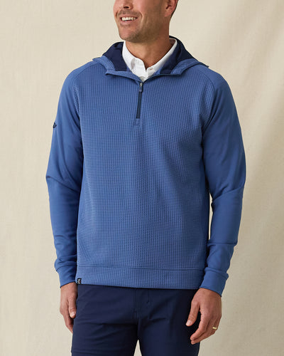 Men’s Optic Hybrid Hoodie in moonlight blue with navy trim, on-model front view