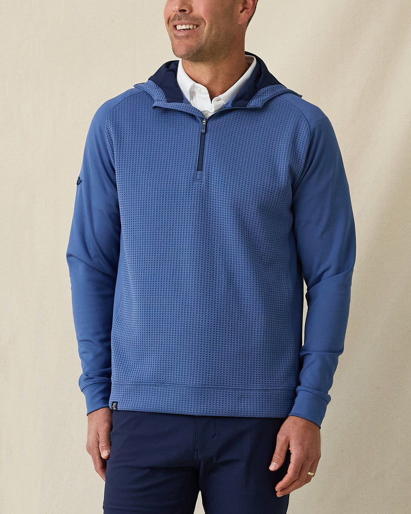 Men’s Optic Hybrid Hoodie in moonlight blue with navy trim, on-model front view