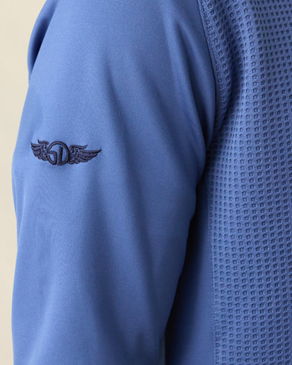 Men’s Optic Hybrid Hoodie in moonlight blue, sleeve logo detail view