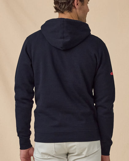 Freedom Hoodie in Navy, back view with hood and sleeve logo detail