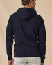 Freedom Hoodie in Navy, back view with hood and sleeve logo detail