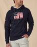 Freedom Hoodie in Navy, front model view with patriotic flag graphic
