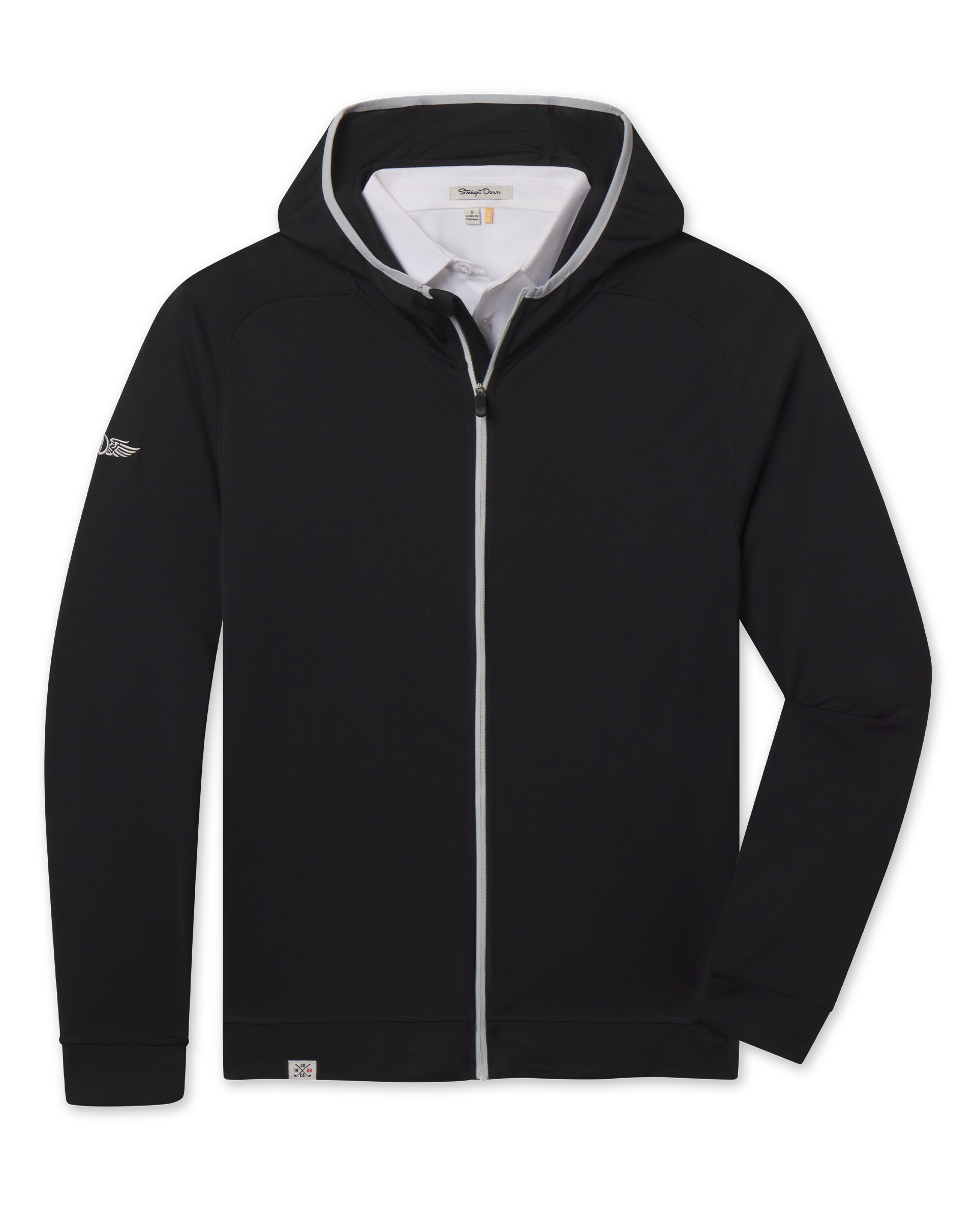 Condor Full Zip Hoodie in Black featuring a full-length contrast zipper, attached hood, long sleeves, and logo detail on the sleeve.