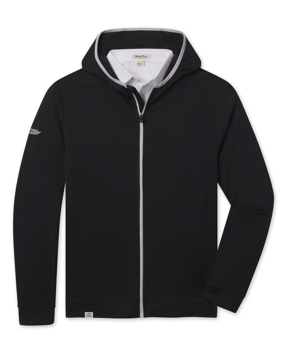 Condor Full Zip Hoodie in Black featuring a full-length contrast zipper, attached hood, long sleeves, and logo detail on the sleeve.