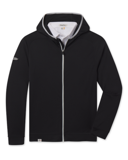 Condor Full Zip Hoodie in Black featuring a full-length contrast zipper, attached hood, long sleeves, and logo detail on the sleeve.