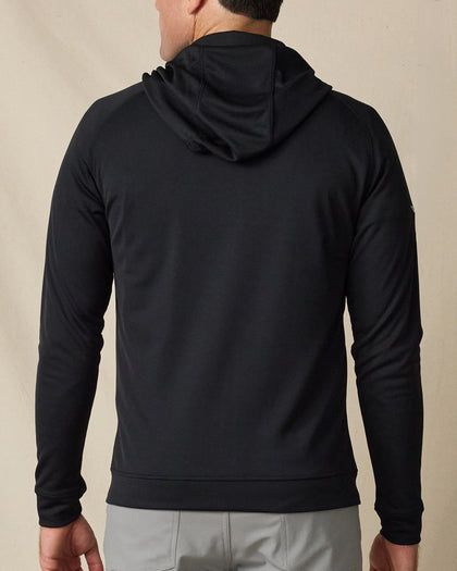 Rear view of the Condor Full Zip Hoodie in Black, showing the streamlined fit, hood, and long sleeves.