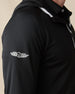 Close-up of the Condor Full Zip Hoodie in Black, highlighting the embroidered Straight Down logo on the sleeve and contrast hood trim.