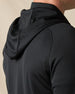 Close-up of the back of the Condor Full Zip Hoodie in Black, highlighting the textured hood and streamlined shoulder construction.