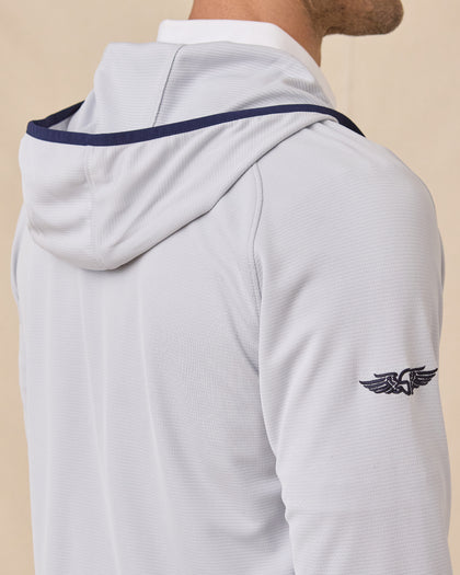 Close-up back view of the Condor Full Zip Hoodie in Silver showing the hood construction, navy trim, and embroidered sleeve logo