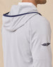 Close-up back view of the Condor Full Zip Hoodie in Silver showing the hood construction, navy trim, and embroidered sleeve logo
