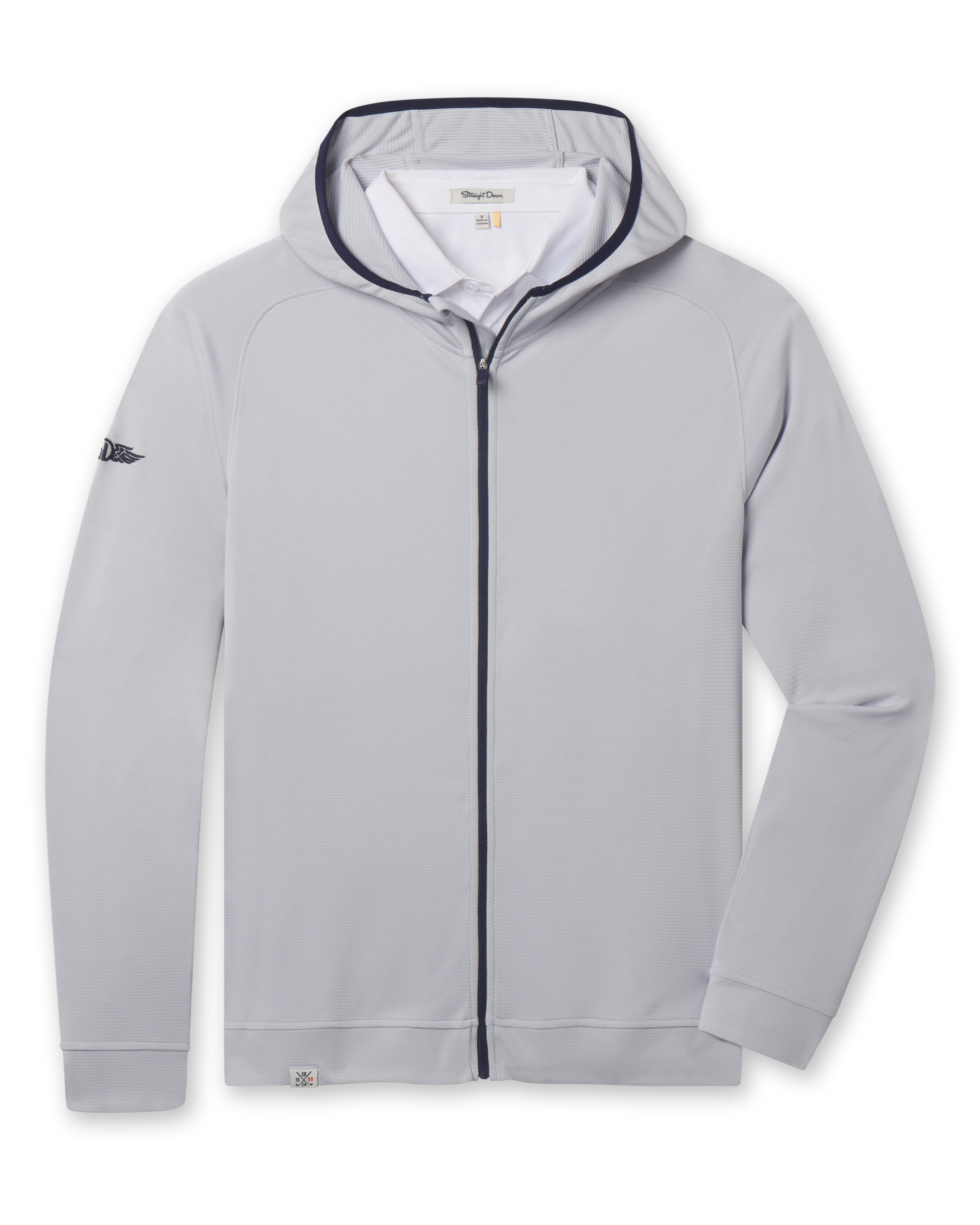 Condor Full Zip Hoodie in Silver with navy contrast zipper trim and full-zip front