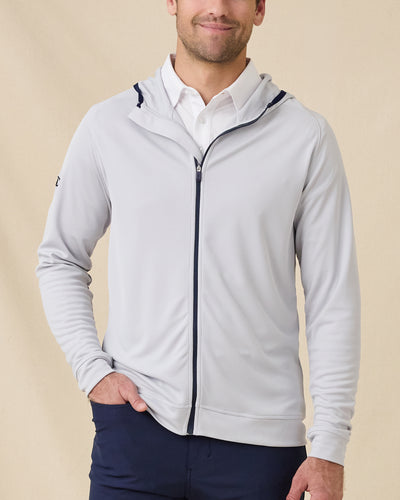 Model wearing the Condor Full Zip Hoodie in Silver, front view