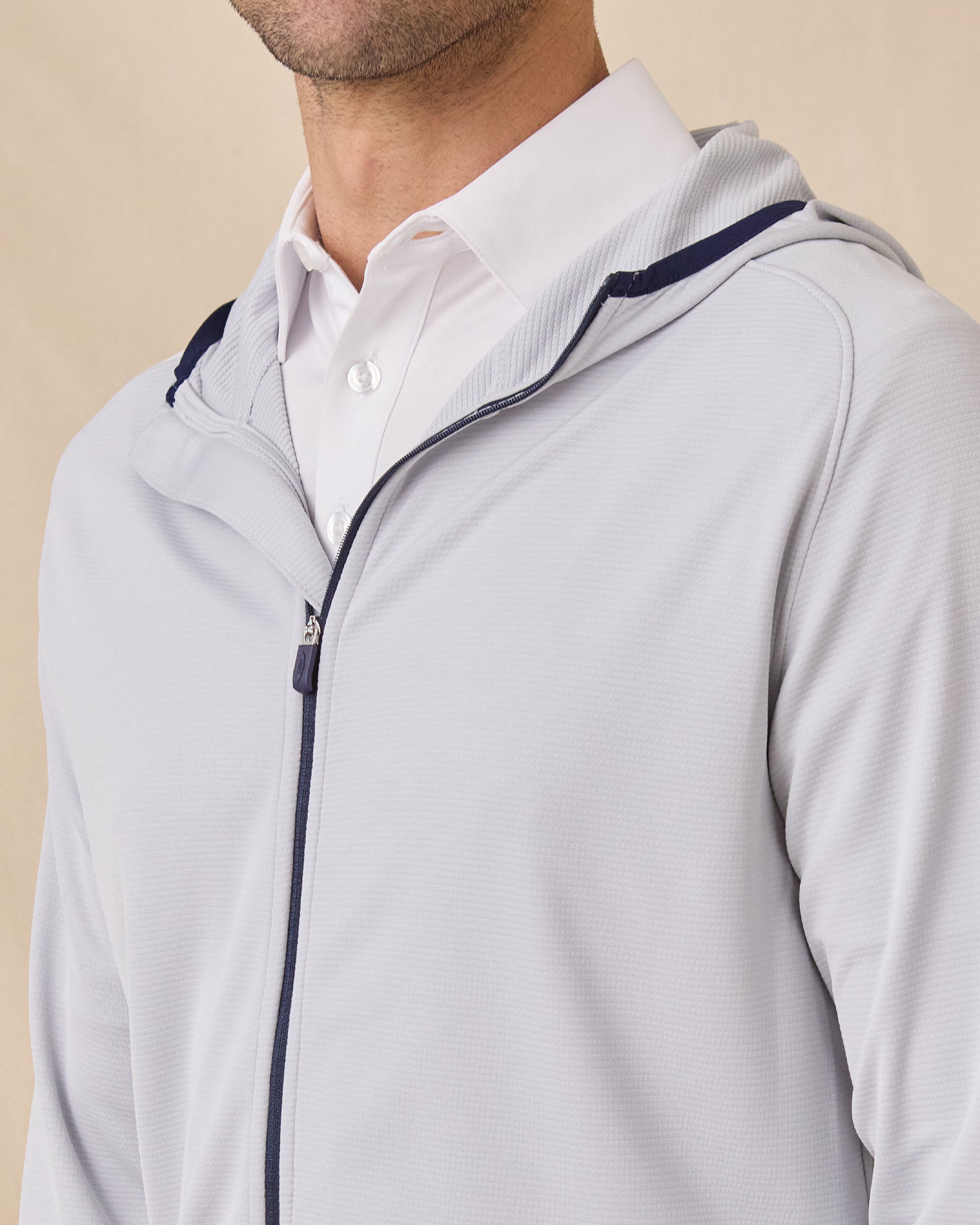 Close-up of the Condor Full Zip Hoodie in Silver highlighting the full-zip front