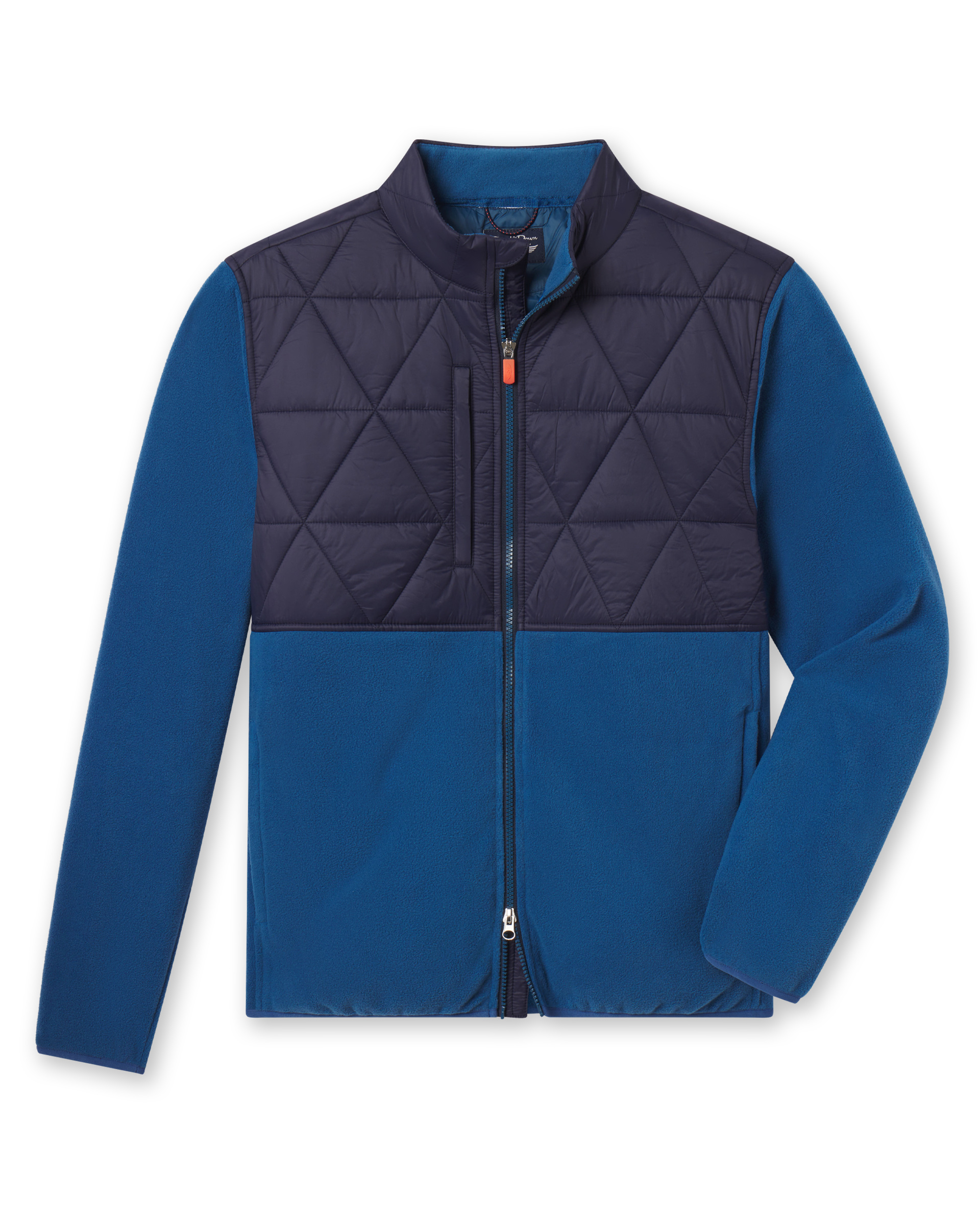 Okemo Hybrid Fleece Jacket in Bering Blue with quilted upper panels, full-zip front, and stand collar